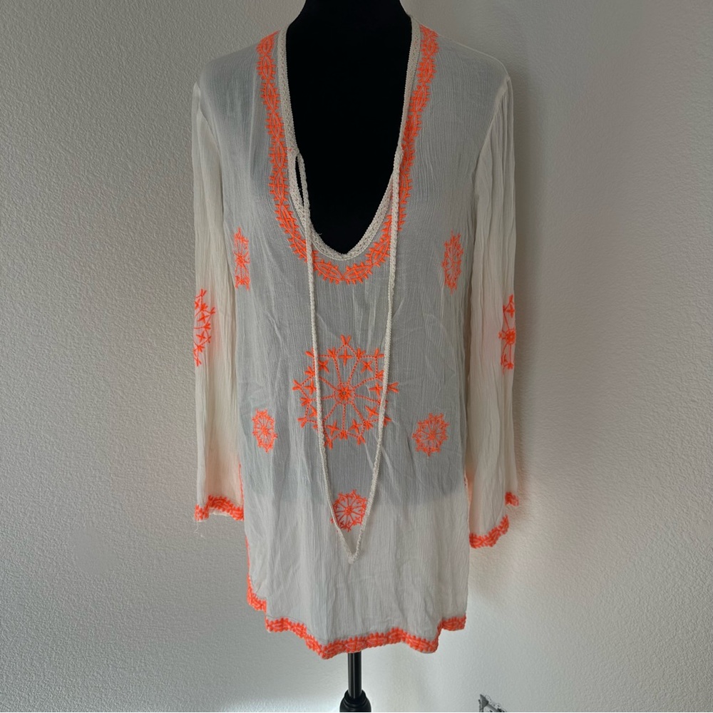 Women's Cream Tunic with Orange Embroidery Medium - Picture 6 of 11